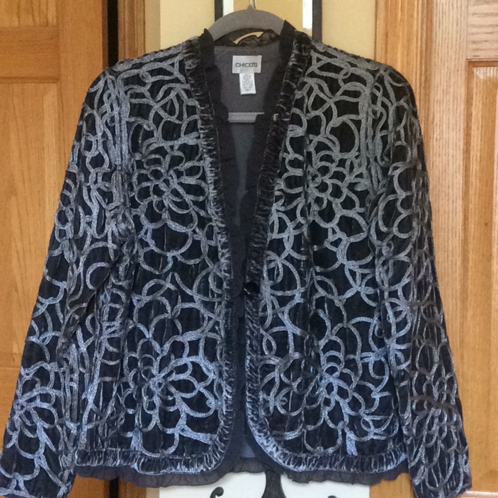 Chico’s Gray Jacket With Silver Scroll Design - image 1